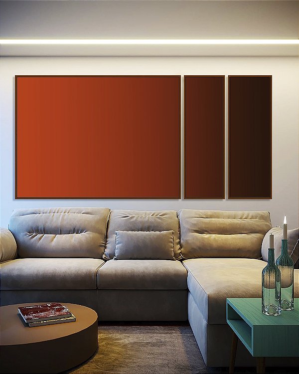 Trio de Quadros Estilizados Quadrados Abstrato Degradê Laranja Telha Marrom Arte Canvas Moldura