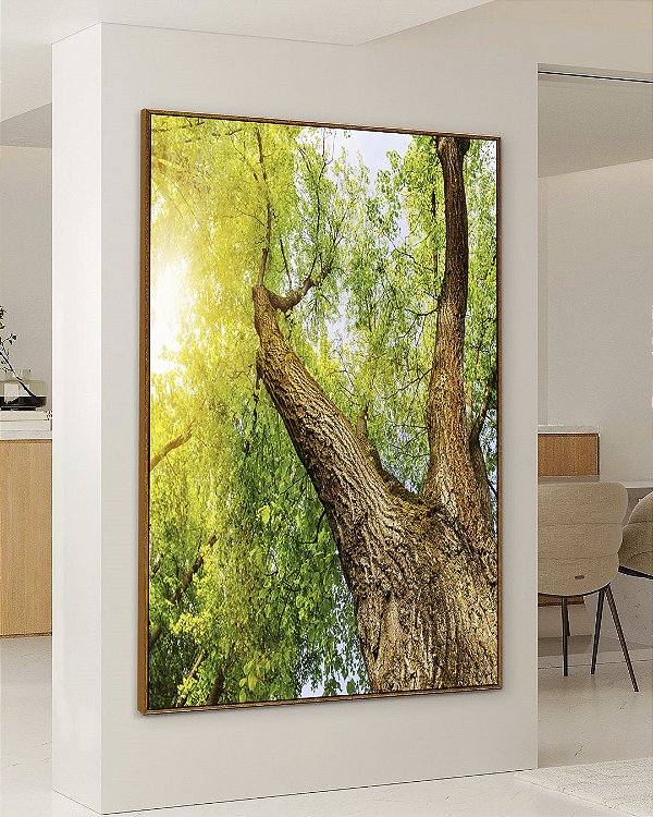 Quadro Vertical Copa de Árvore Natureza Luzes do Sol Folhas Verdes Arte Canvas Moldura