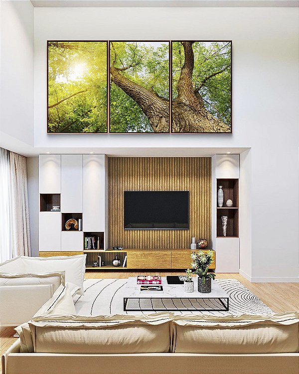 Trio de Quadros Copa de Árvore Natureza Luzes do Sol Folhas Verdes Arte Canvas Moldura