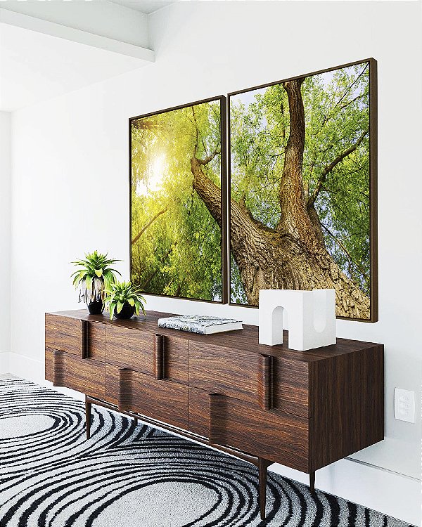 Duo de Quadros Copa de Árvore Natureza Luzes do Sol Folhas Verdes Arte Canvas Moldura