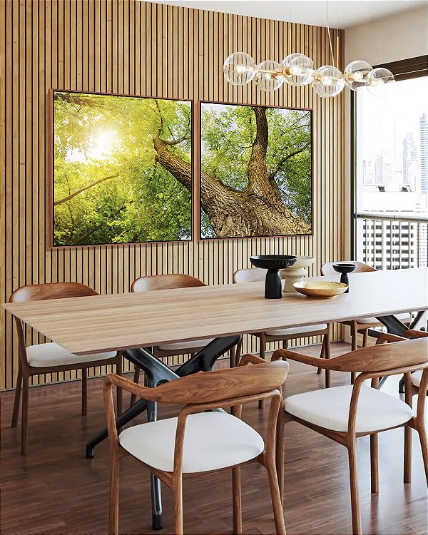 Duo de Quadros Quadrados Copa de Árvore Natureza Luzes do Sol Folhas Verdes Arte Canvas Moldura