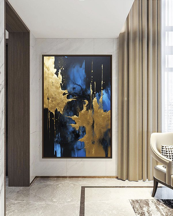 Quadro Vertical Abstrato Azul Dourado Preto Efeito Pintura Arte Canvas Moldura