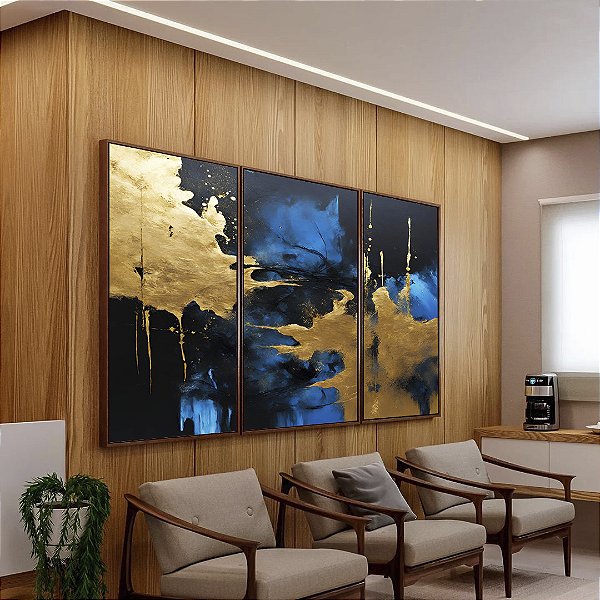 Trio de Quadros Abstrato Azul Dourado Preto Efeito Pintura Arte Canvas Moldura