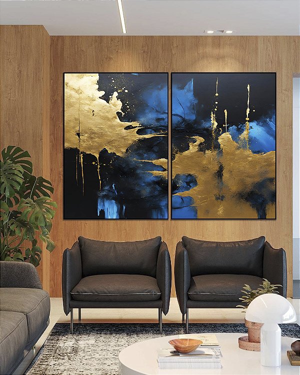 Duo de Quadros Abstrato Azul Dourado Preto Efeito Pintura Arte Canvas Moldura