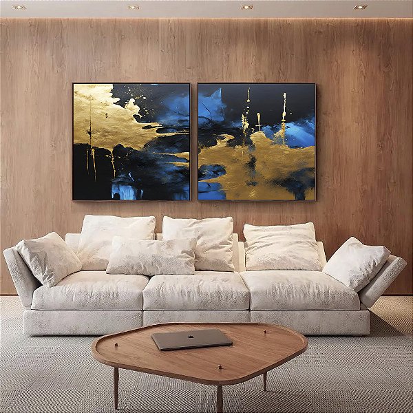 Duo de Quadros Quadrados Abstrato Azul Dourado Preto Efeito Pintura Arte Canvas Moldura