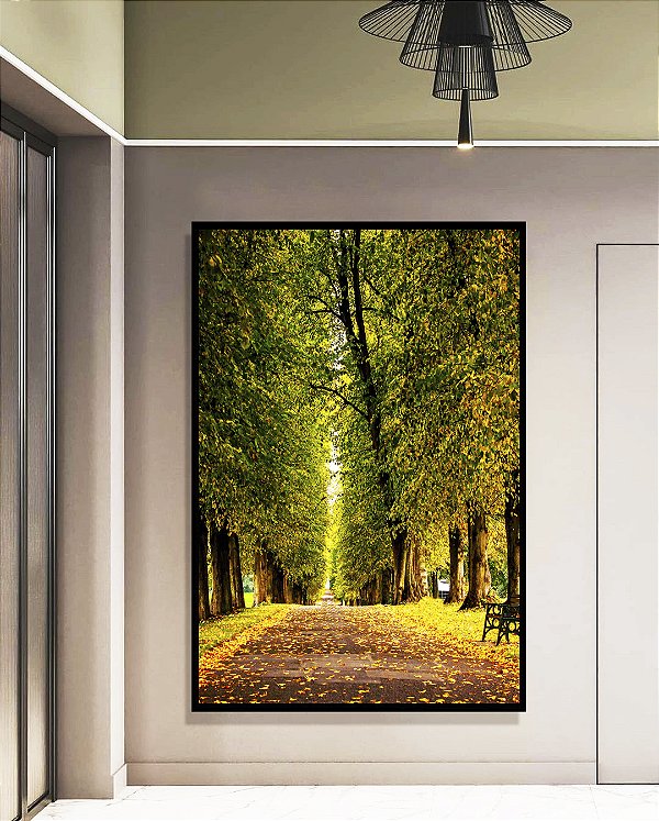 Quadro Vertical Estrada Árvores Natureza Banco Calmaria Arte Canvas Moldura