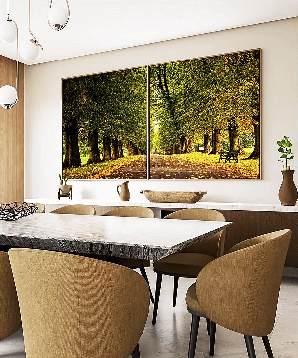 Duo de Quadros Quadrados Estrada Árvores Natureza Banco Calmaria Arte Canvas Moldura