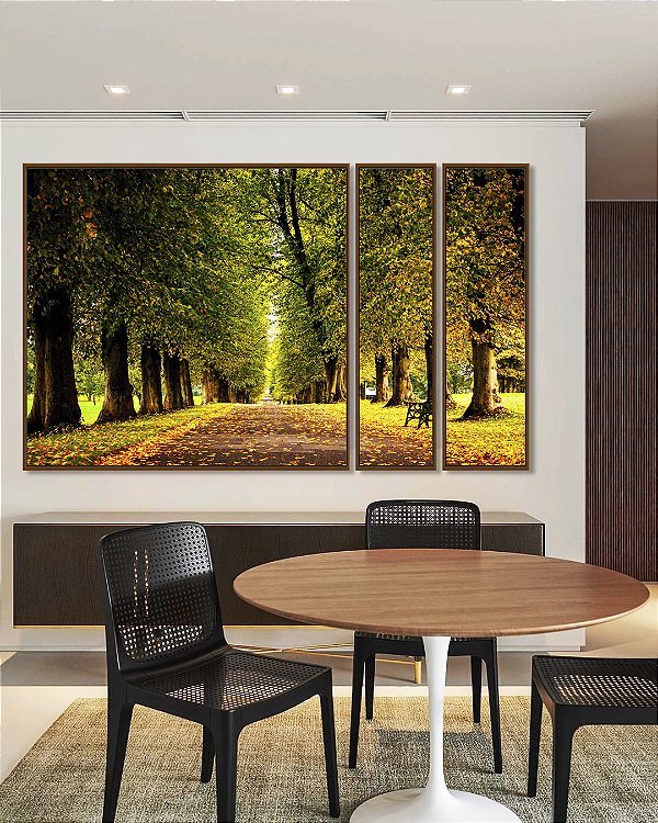 Trio de Quadros Estilizados Estrada Árvores Natureza Banco Calmaria Arte Canvas Moldura