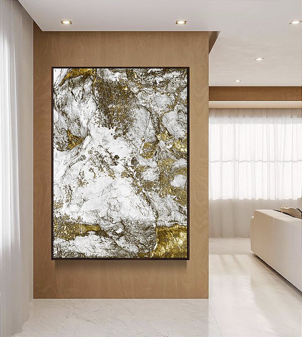 Quadro Vertical Abstrato Efeito Mármore Dourado Bronze Cinza Arte Canvas Moldura
