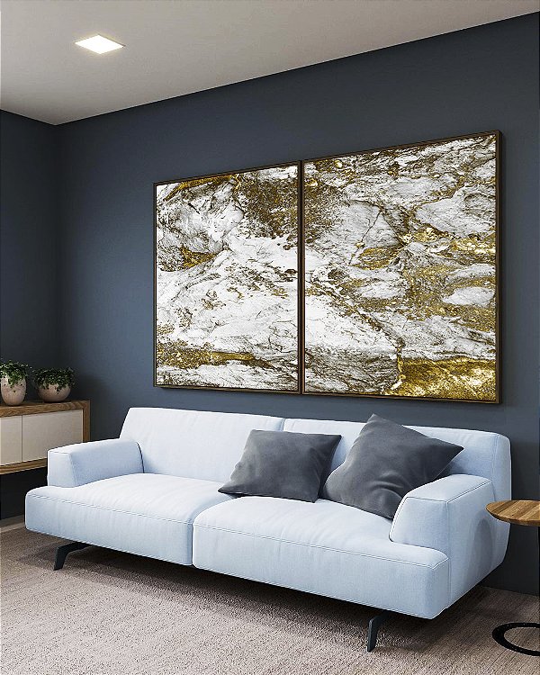 Duo de Quadros Abstrato Efeito Mármore Dourado Bronze Cinza Arte Canvas Moldura