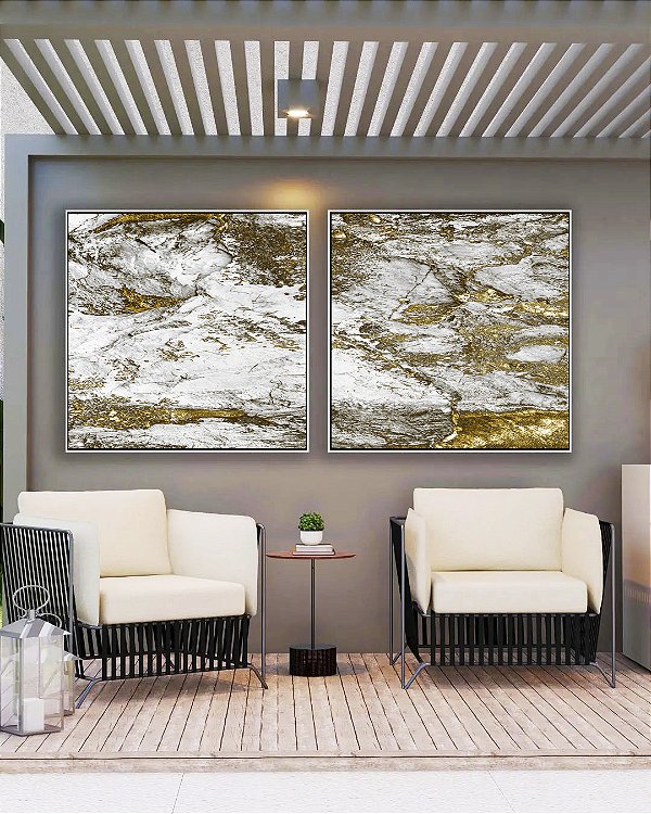 Duo de Quadros Quadrados Abstrato Efeito Mármore Dourado Bronze Cinza Arte Canvas Moldura