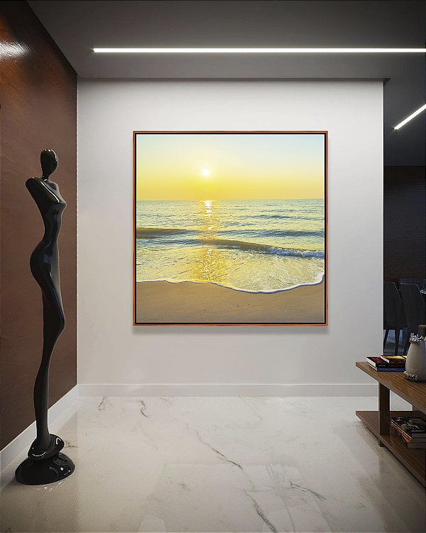 Quadro Quadrado Nascer do Sol na Praia de Mar Calmo Turquesa Arte Canvas Moldura