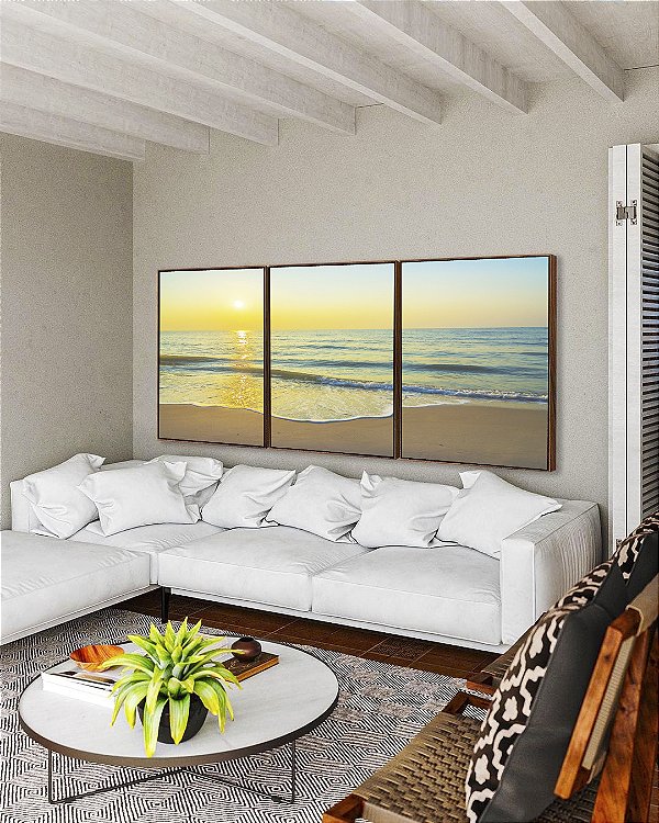 Trio de Quadros Nascer do Sol na Praia de Mar Calmo Turquesa Arte Canvas Moldura