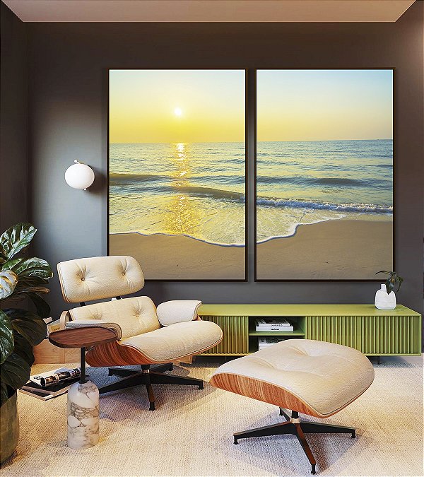 Duo de Quadros Nascer do Sol na Praia de Mar Calmo Turquesa Arte Canvas Moldura