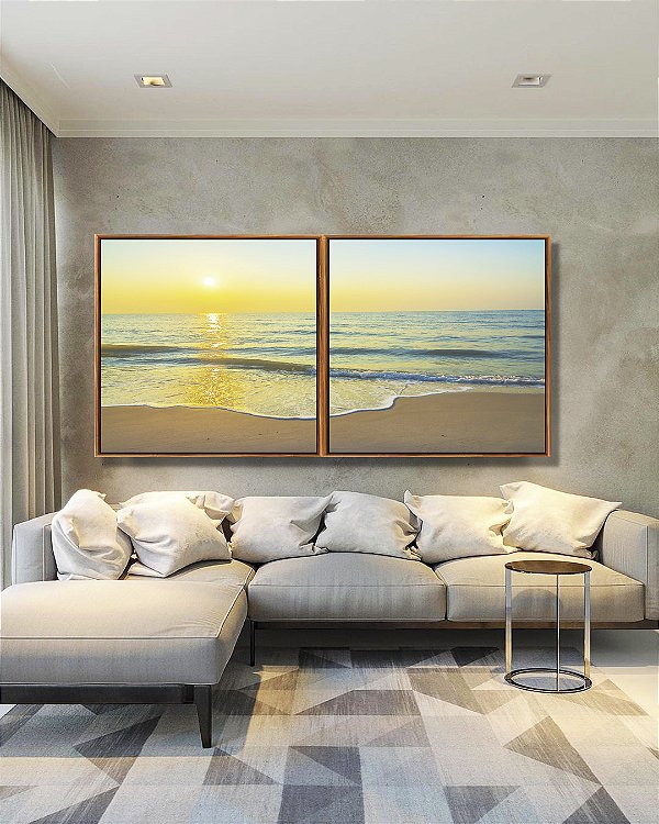 Duo de Quadros Quadrados Nascer do Sol na Praia de Mar Calmo Turquesa Arte Canvas Moldura