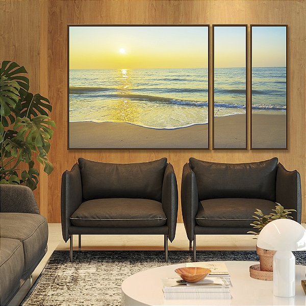 Trio de Quadros Estilizados Nascer do Sol na Praia de Mar Calmo Turquesa Arte Canvas Moldura