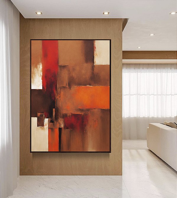Quadro Vertical Abstrato Vermelho Laranja Marrom com Efeito Arte Canvas Moldura