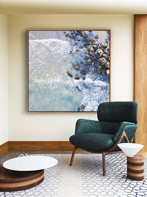 Quadro Quadrado Mar Azul e Praia com Pedras Natureza Arte Canvas Moldura