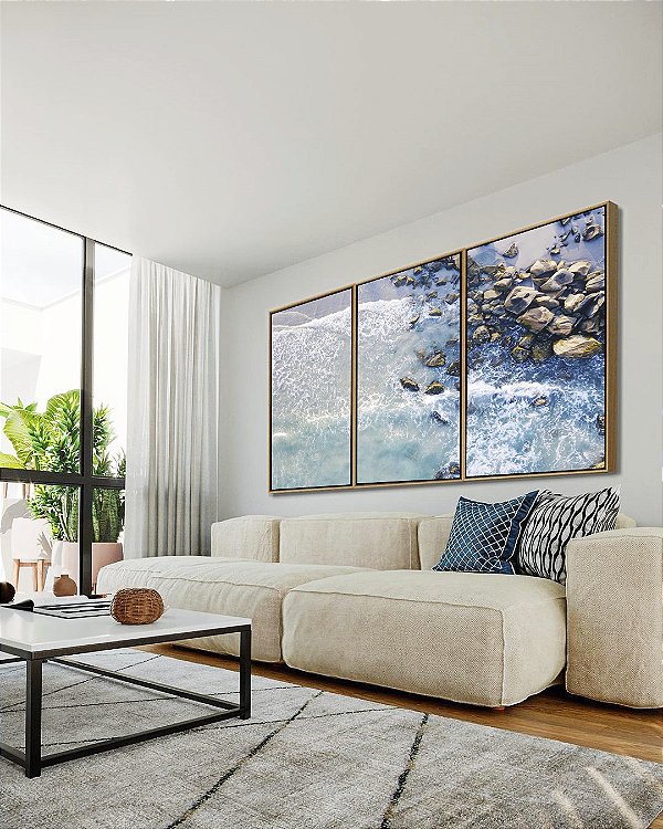 Trio de Quadros Mar Azul e Praia com Pedras Natureza Arte Canvas Moldura