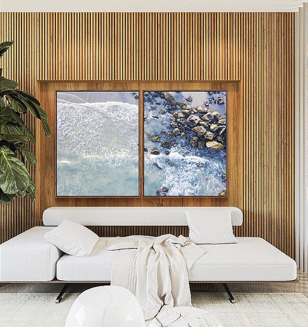 Duo de Quadros Mar Azul e Praia com Pedras Natureza Arte Canvas Moldura