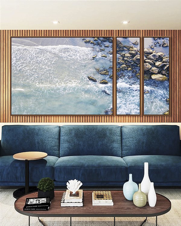 Trio de Quadros Estilizados Mar Azul e Praia com Pedras Natureza Arte Canvas Moldura