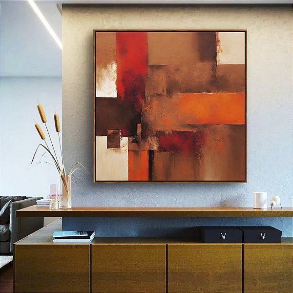 Quadro Quadrado Abstrato Vermelho Laranja Marrom com Efeito Arte Canvas Moldura