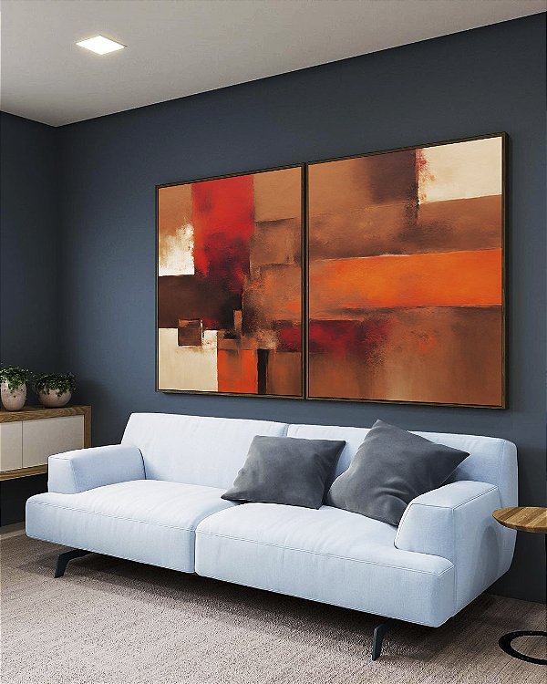Duo de Quadros Abstrato Vermelho Laranja Marrom com Efeito Arte Canvas Moldura