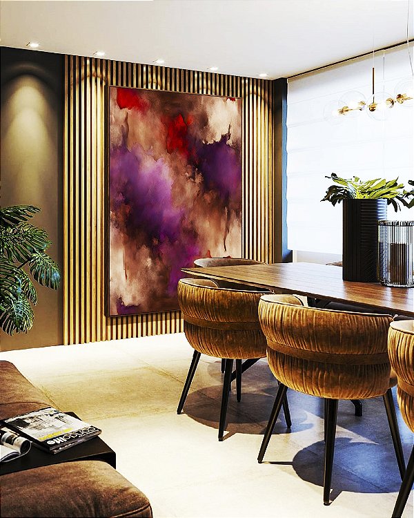 Quadro Vertical Abstrato Roxo Vermelho Vinho com Efeito Arte Canvas Moldura