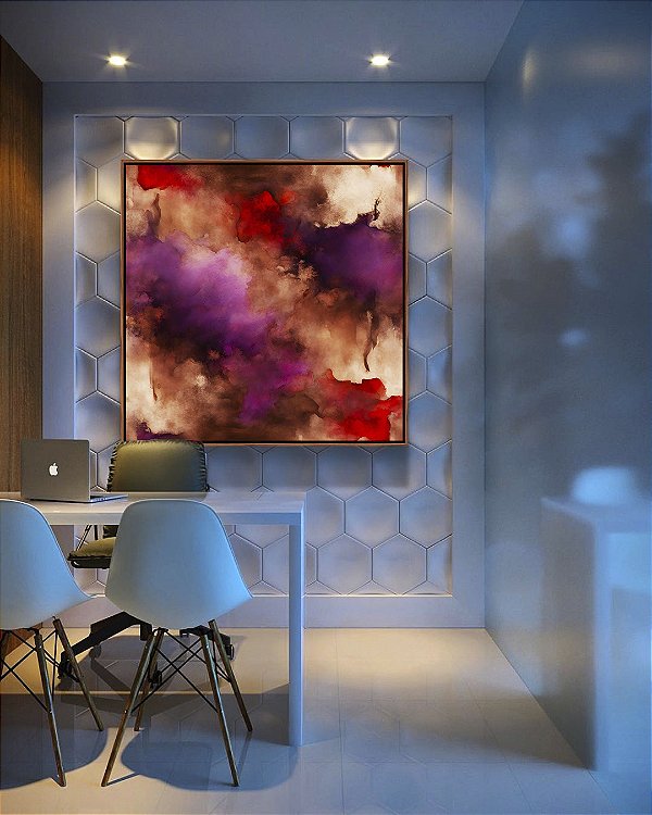 Quadro Quadrado Abstrato Roxo Vermelho Vinho com Efeito Arte Canvas Moldura