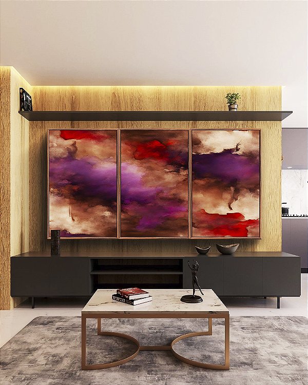 Trio de Quadros Abstrato Roxo Vermelho Vinho com Efeito Arte Canvas Moldura