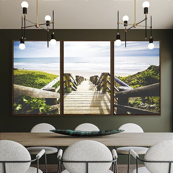 Trio de Quadros Escada para Praia de Mar Azul Natureza Arte Canvas Moldura