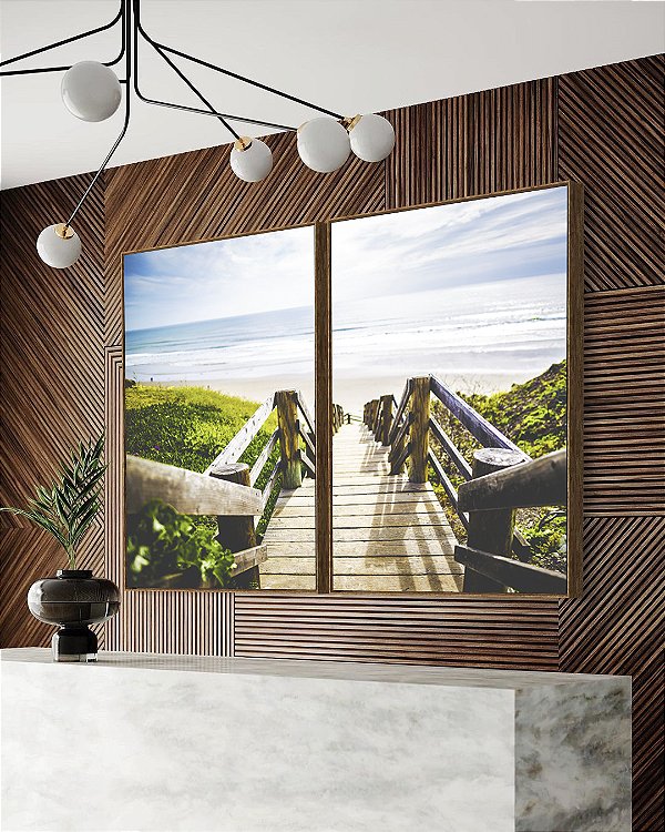 Duo de Quadros Escada para Praia de Mar Azul Natureza Arte Canvas Moldura