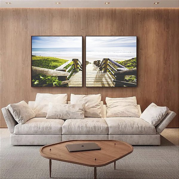 Duo de Quadros Quadrados Escada para Praia de Mar Azul Natureza Arte Canvas Moldura