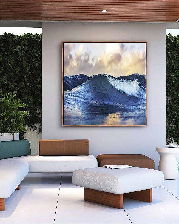 Quadro Quadrado Mar Azul Vivo Ondas Leves e Céu Claro Natureza Arte Canvas Moldura