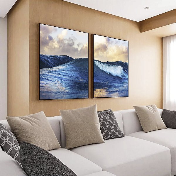 Duo de Quadros Mar Azul Vivo Ondas Leves e Céu Claro Natureza Arte Canvas Moldura