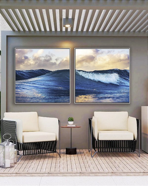 Duo de Quadros Quadrados Mar Azul Vivo Ondas Leves e Céu Claro Natureza Arte Canvas Moldura