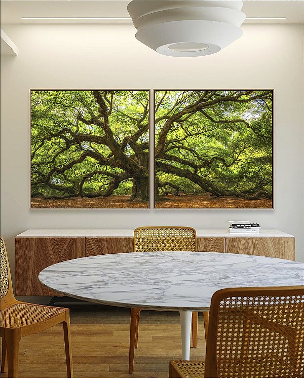 Duo de Quadros Quadrados Árvore da Vida com Galhos Fortes Folhas Verdes Natureza Arte Canvas Moldura