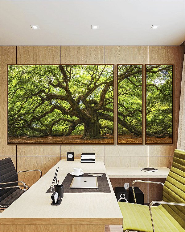 Trio de Quadros Estilizados Árvore da Vida com Galhos Fortes Folhas Verdes Natureza Arte Canvas Moldura