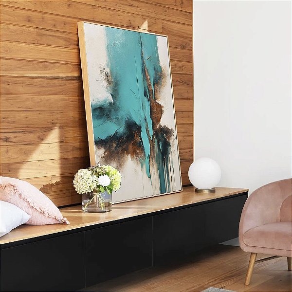 Quadro Vertical Abstrato Turquesa Marrom Madeira Branco Arte Canvas Moldura