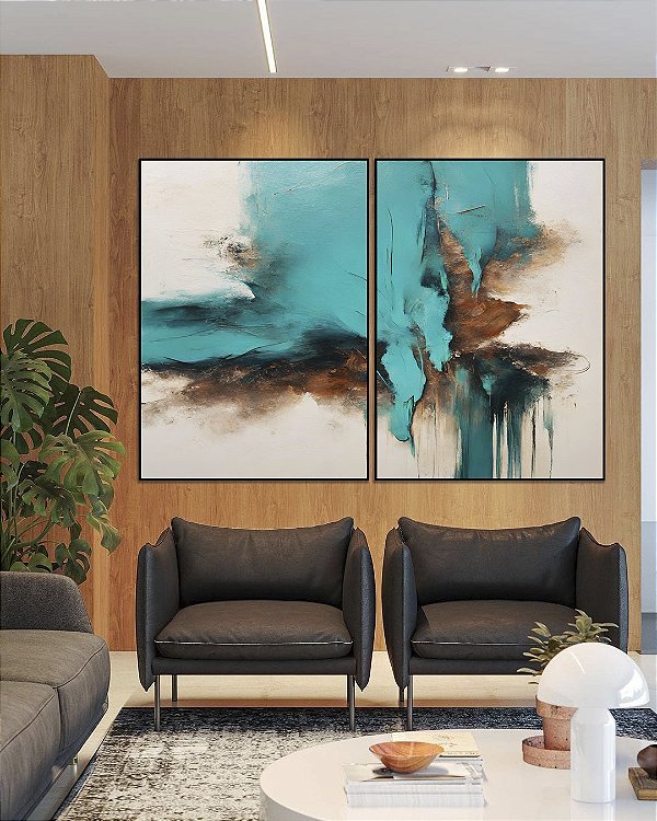 Duo de Quadros Abstrato Turquesa Marrom Branco Arte Canvas Moldura