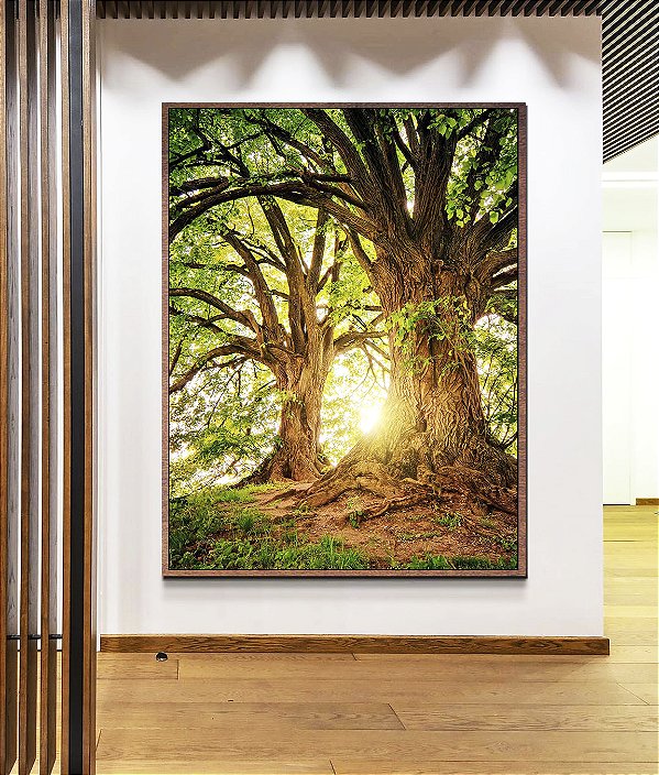 Quadro Vertical Árvores da Vida Sob a Luz do Sol Natureza Arte Canvas Moldura