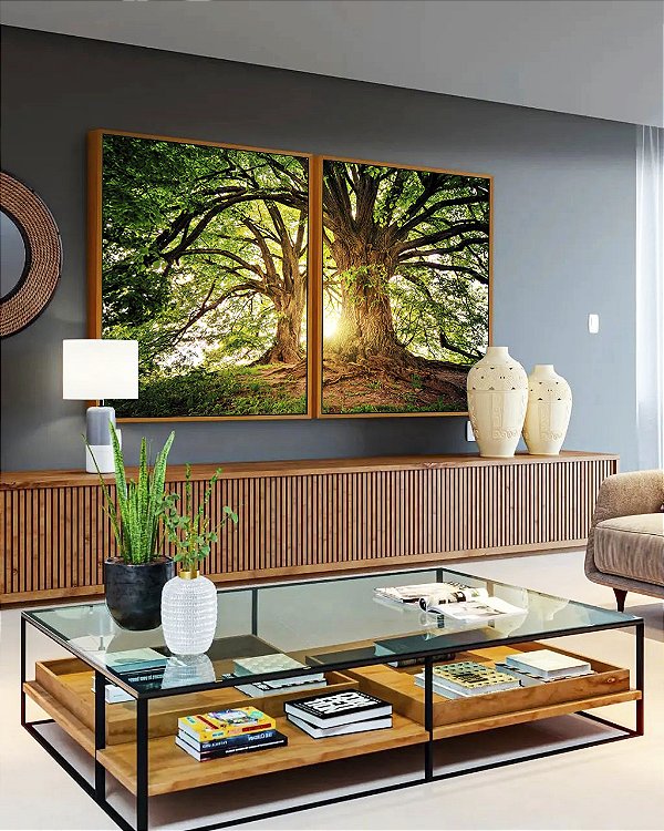 Duo de Quadros Árvores da Vida Sob a Luz do Sol Natureza Arte Canvas Moldura