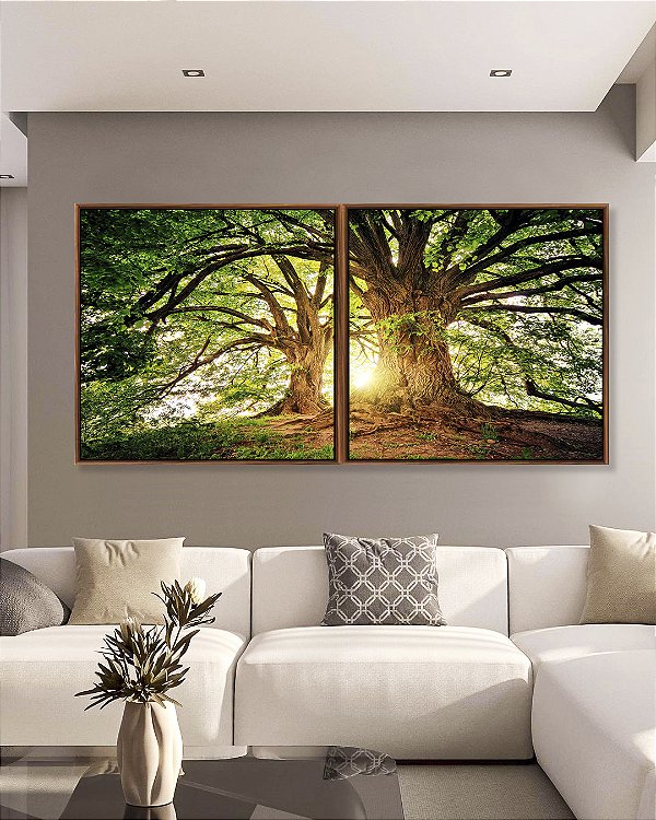 Duo de Quadros Quadrados Árvores da Vida Sob a Luz do Sol Natureza Arte Canvas Moldura