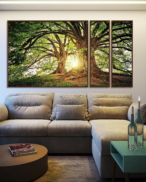 Trio de Quadros Estilizados Árvores da Vida Sob a Luz do Sol Natureza Arte Canvas Moldura