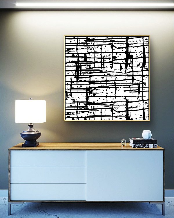 Quadro Quadrado Abstrato Preto e Branco Efeito Pintura Arte Canvas Moldura