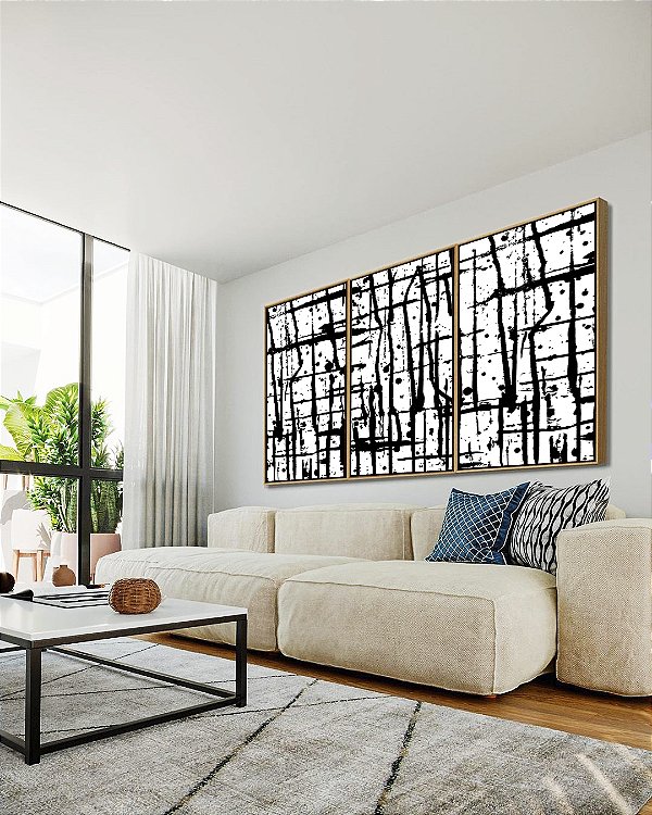 Trio de Quadros Abstrato Preto e Branco Efeito Pintura Arte Canvas Moldura