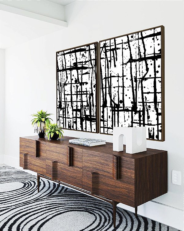 Dupla de Quadros Abstrato Preto e Branco Efeito Pintura Arte Canvas Moldura