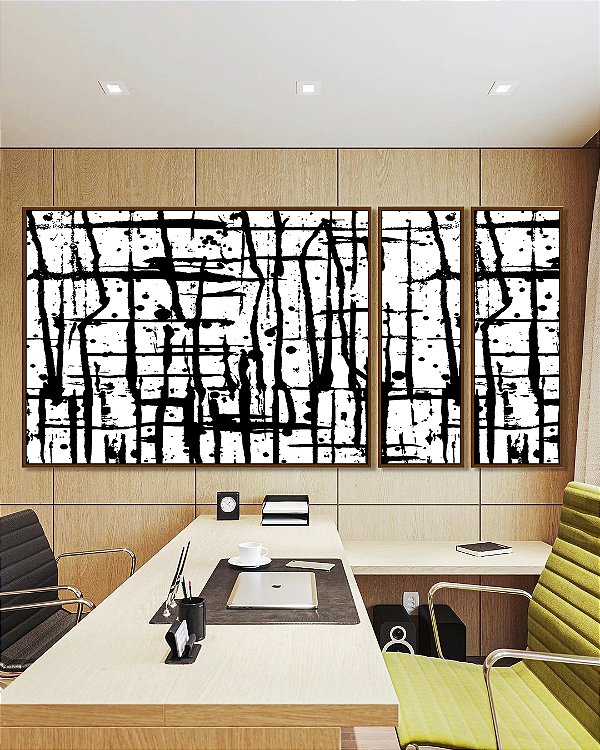 Trio de Quadros Estilizados Abstrato Preto e Branco Efeito Pintura Arte Canvas Moldura