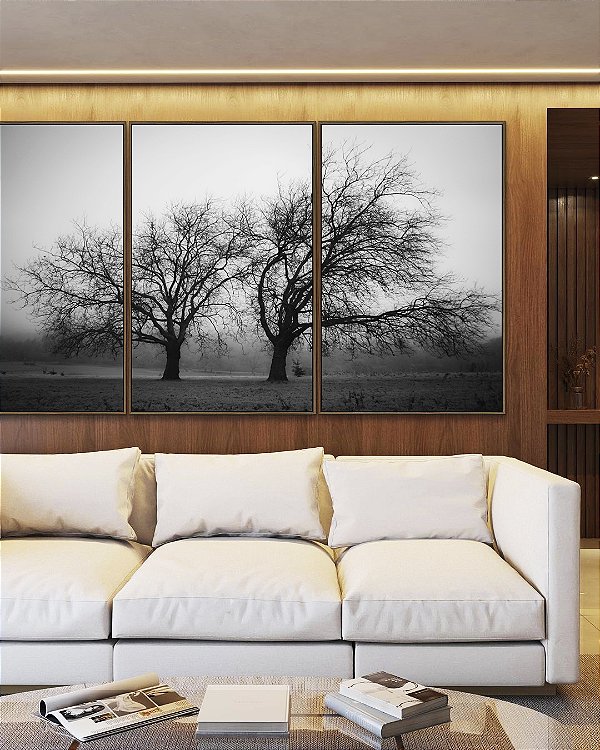 Trio de Quadros Árvores em Preto e Branco Natureza Arte Canvas Moldura