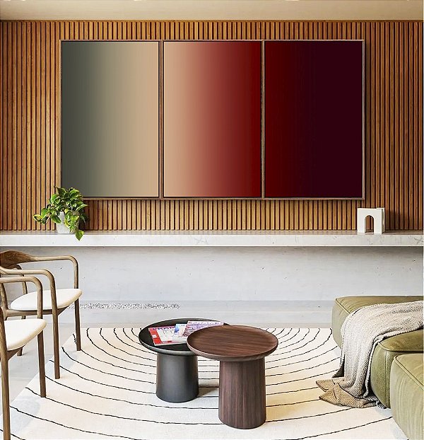 Trio de Quadros Abstrato Degradê Vermelho Vinho Bege Cinza Arte Canvas Moldura